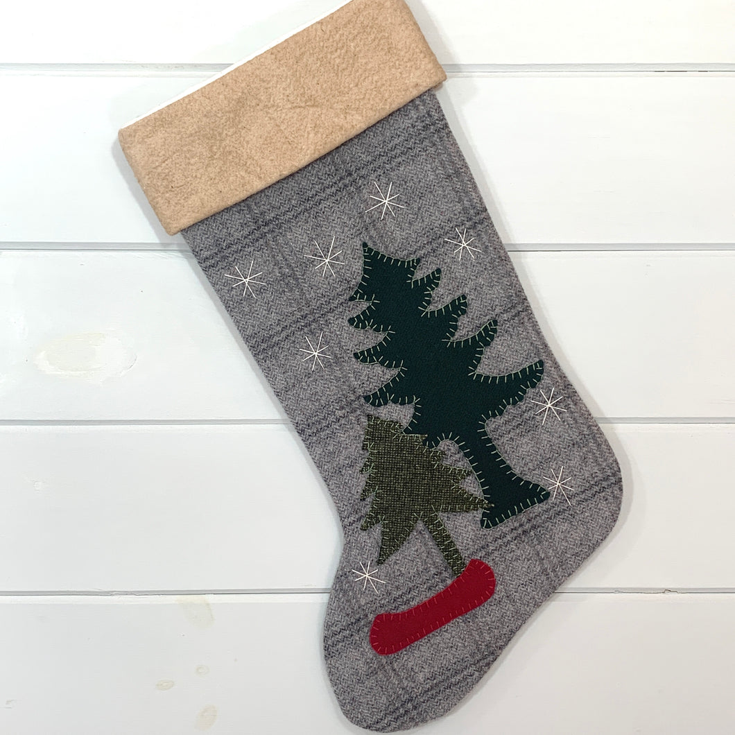rustic christmas stocking, light and dark gray plaid wool fabric christmas stocking, red canoe, two green pine trees, ivory snowflakes, woodland canoe, woodland christmas stocking, tea dyed cotton batting cuff