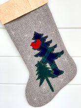 woodland bird Christmas stocking, gray herringbone wool fabric christmas stocking, red bird, red cardinal, two green pine trees, ivory snowflakes, tea dyed cotton batting cuff, rustic christmas stocking, woodland christmas stocking